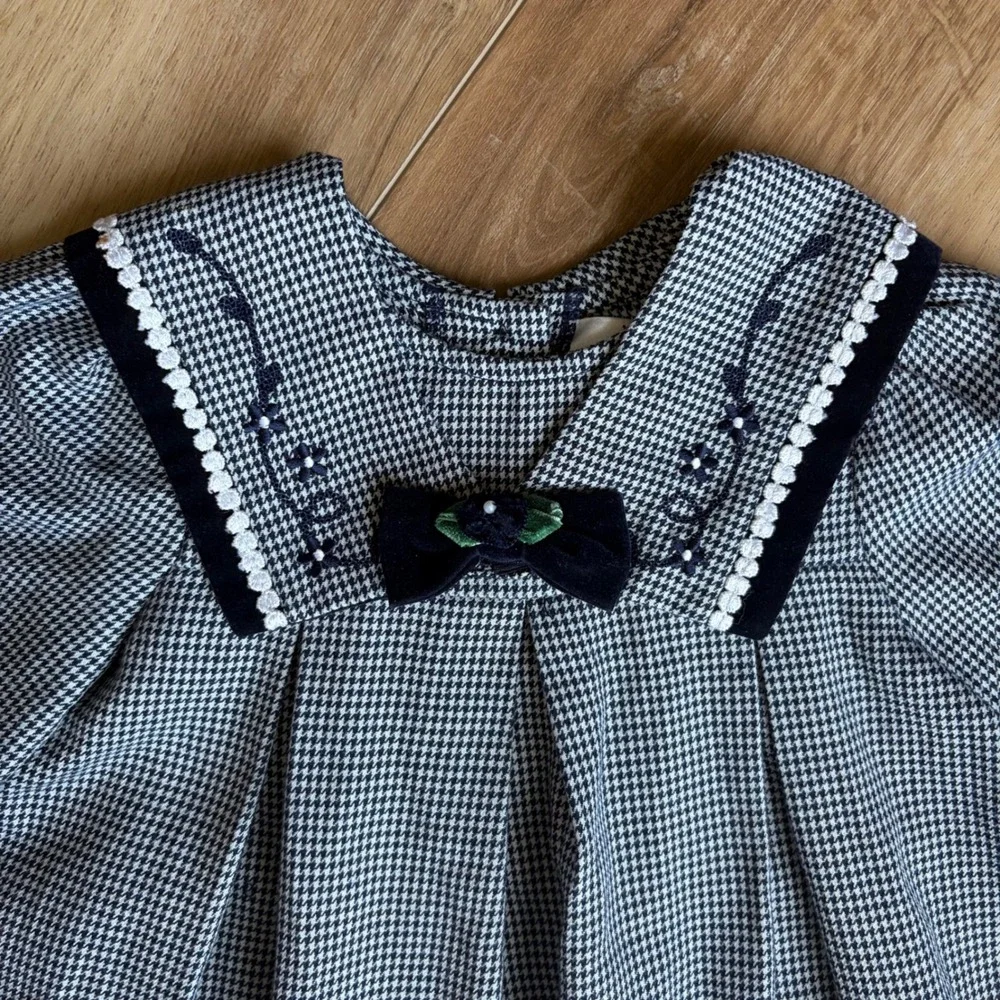 VTG Rare Editions 24M Toddler Girls Houndstooth Sailor Collar Dress Navy Blue